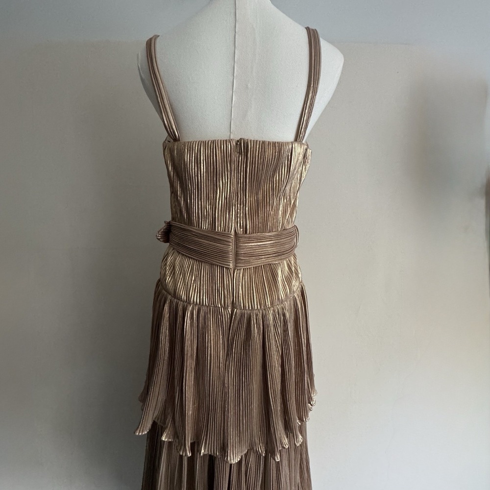 NWT Mac Duggal Ieena 27062 Gold Ruffle Tiered Belted Pleated Dress Size 2 Gown - Picture 6 of 16